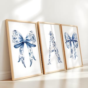 Chinoiserie Wall Art, Blue Bows Wall Art, Chinoiserie Wall Prints, Bow Room Decor, Teen Room Decor, Vintage Floral Prints, Apartment Decor
