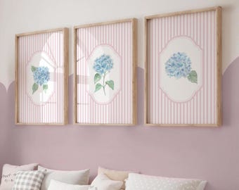 Lot de 3 oeuvres d'art murales hortensias, impressions florales pour chambre de bébé, impression murale de fleurs, chambre d'enfant vintage, décoration de chambre de fille, cadeaux pour bébé, rose et bleu 450T