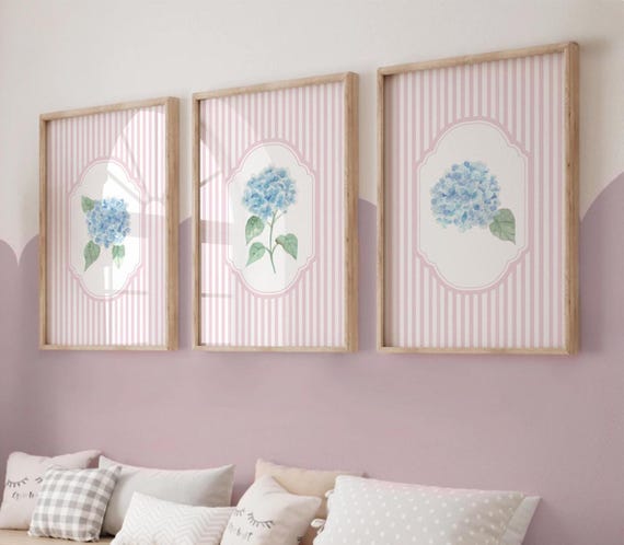 Set of 3 Hydrangeas Wall Art, Floral Nursery Prints, Flower Wall Print, Vintage Nursery, Girl Room Decor, Baby Gifts, Pink and Blue 450T