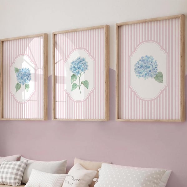 Set of 3 Hydrangeas Wall Art, Floral Nursery Prints, Flower Wall Print, Vintage Nursery, Girl Room Decor, Baby Gifts, Pink and Blue 450T