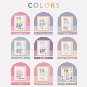 May include: Nine printable wall art designs featuring a variety of colors and patterns. Each design includes a framed print with the text "I am kind, I am smart, I am brave, I am strong, I am beautiful, I am capable, I am grateful, I am enough, I am loved" and a name at the bottom. The designs are labeled with the color scheme: Rainbow, Pastel Rainbow, Boho, Blue, Purple, Pastel Baby, Pink, Pastel Tones, and Rainbow Dots.