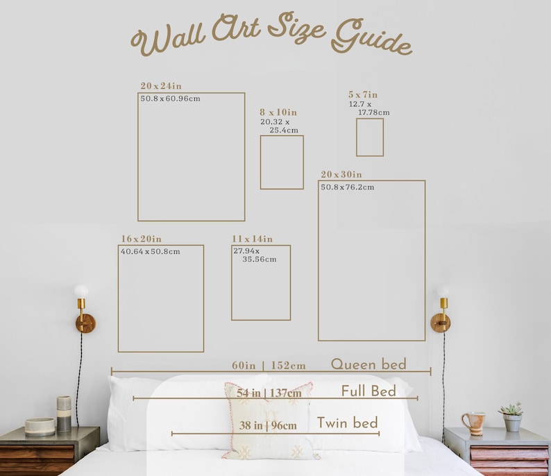 May include: A wall art size guide with dimensions in inches and centimeters. The guide includes sizes such as 20x24in, 16x20in, 11x14in, 20x30in, 8x10in, and 5x7in. The guide also shows the size of a Queen, Full, and Twin bed.