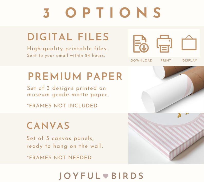 May include: Image showcasing three options: digital files, premium paper prints, and canvas panels. The text includes "3 OPTIONS," "DIGITAL FILES," "PREMIUM PAPER," and "CANVAS." The image also features icons for download, print, and display, along with the brand name "JOYFUL BIRDS."
