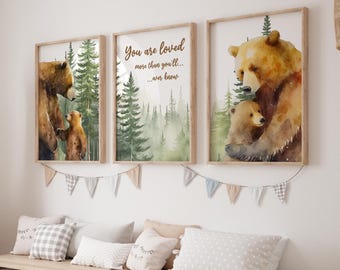 Bear Nursery Wall Art, Bear Print, Set of 3 Bear Wall Decor Nursery, Bear Theme Decor, Neutral Nursery Decor, Woodland Forest Nursery 406B