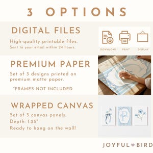 May include: An image showcasing three options: digital files, premium paper prints, and wrapped canvas panels. The canvas panels have a depth of 1.25 inches. The image includes three blue floral art prints and text that reads "Joyful Bird."