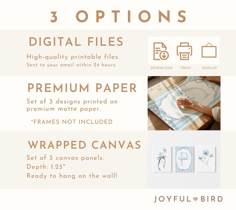 May include: An image showcasing three options: digital files, premium paper prints, and wrapped canvas panels. The canvas panels have a depth of 1.25 inches. The image includes three blue floral art prints and text that reads "Joyful Bird."