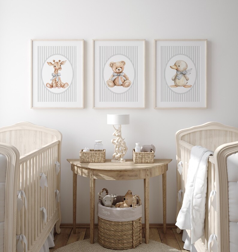 Gray Nursery Animals Wall Art, Neutral Nursery Set of 3 Prints, Vintage ...