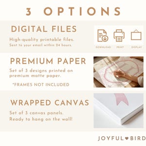 Puede incluir: Imagen que muestra tres opciones: archivos digitales, impresiones en papel de primera calidad y paneles de lienzo. El texto destaca archivos imprimibles de alta calidad, impresiones en papel mate y lienzos listos para colgar. Incluye iconos para descargar, imprimir y mostrar. El logotipo de Joyful Bird est&aacute; en la parte inferior.