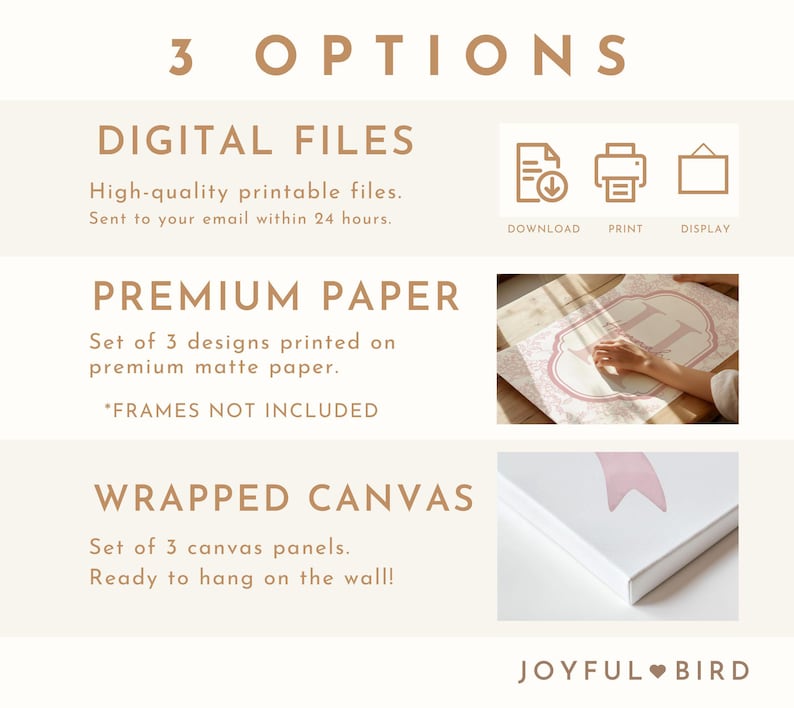 Puede incluir: Imagen que muestra tres opciones: archivos digitales, impresiones en papel de primera calidad y paneles de lienzo. El texto destaca archivos imprimibles de alta calidad, impresiones en papel mate y lienzos listos para colgar. Incluye iconos para descargar, imprimir y mostrar. El logotipo de Joyful Bird est&aacute; en la parte inferior.