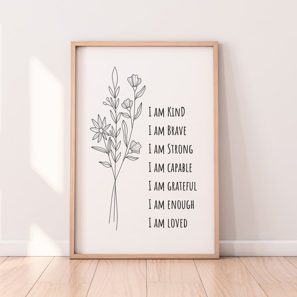 Wildflower Nursery Print, Positive Affirmations Wildflower Printable Art, I am Kind Affirmations, Daily Affirmations, Minimalist Nursery