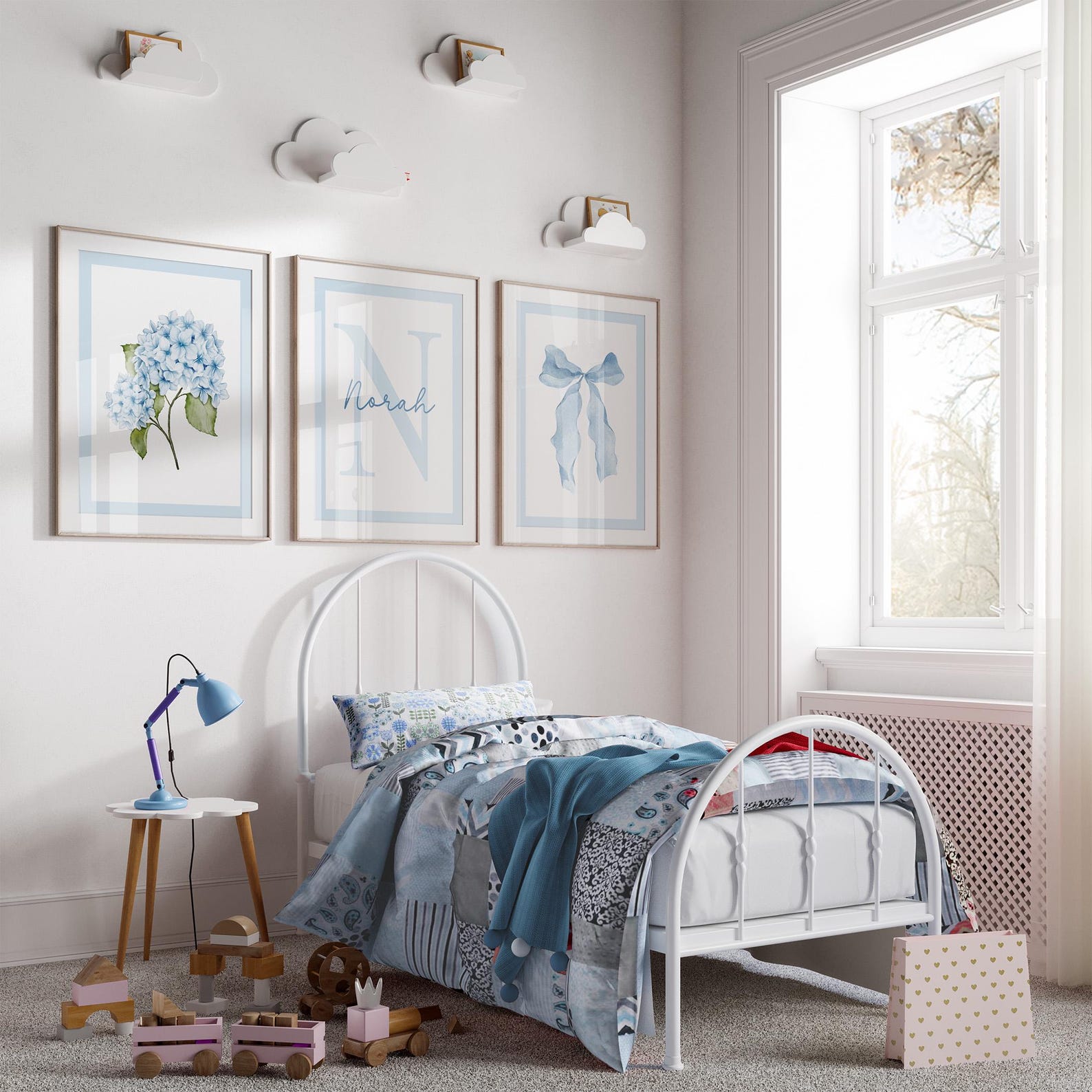 Light Blue Floral Bow Wall Art Set of 3, Custom Initial Name Art, Girl ...