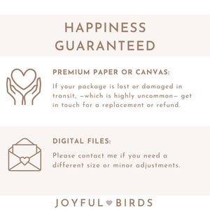 May include: A beige graphic with the text "HAPPINESS GUARANTEED". Below, it reads "PREMIUM PAPER OR CANVAS" and "DIGITAL FILES". The Joyful Birds logo is at the bottom.