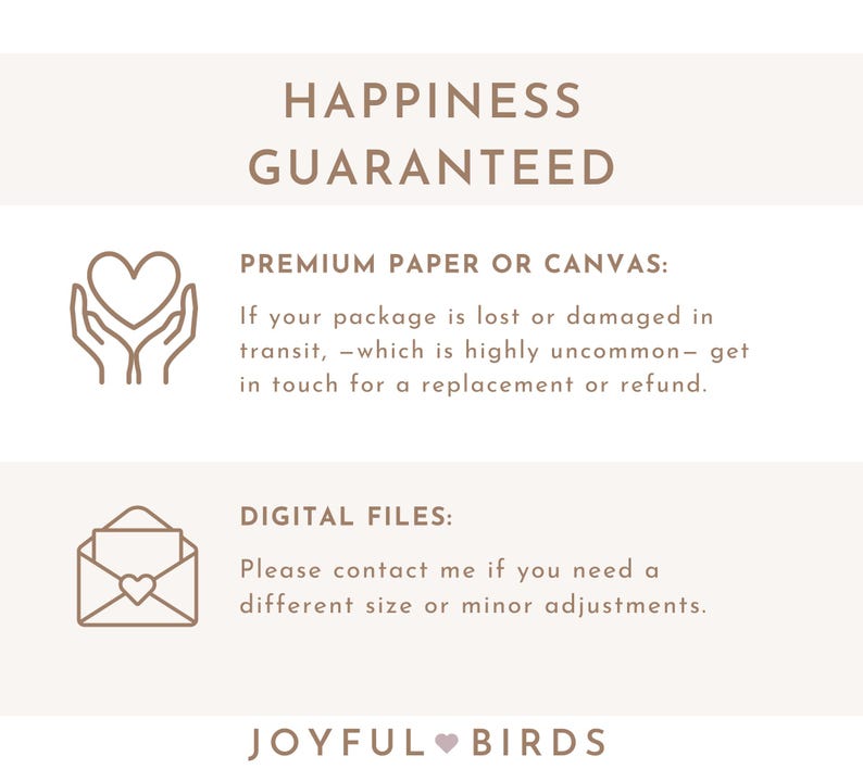 May include: A beige graphic with the text "HAPPINESS GUARANTEED". Below, it reads "PREMIUM PAPER OR CANVAS" and "DIGITAL FILES". The Joyful Birds logo is at the bottom.