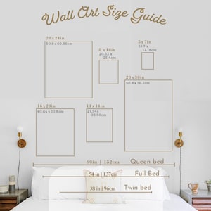 Peut inclure: Un guide des tailles d'art mural avec des dimensions en pouces et en centim&egrave;tres. Le guide comprend des tailles telles que 20x24in, 16x20in, 11x14in, 20x30in, 8x10in et 5x7in. Le guide montre &eacute;galement la taille d'un lit Queen, Full et Twin.