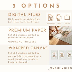 May include: An advertisement for nursery art prints. The text reads "3 OPTIONS" and lists digital files, premium paper, and wrapped canvas options. The image includes three framed prints of teddy bears and other animals, and a rolled print with a teddy bear design.