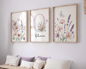 Floral Nursery Prints, Girl Nursery Decor Boho Nursery Wall Art Set Custom Name Wildflower Nursery Baby Shower Gifts, Personalized Name 441A
