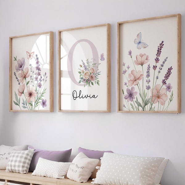 Láminas florales para habitación infantil, decoración para habitación de niña, estilo bohemio, conjunto de arte de pared para habitación infantil, nombre personalizado, flores silvestres, regalo para baby shower, nombre personalizado 441A