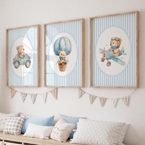 Vintage Bear Nursery Wall Art, Bear Nursery Decor, Vintage Nursery, Boy Nursery Decor, Animal Nursery, Blue Boy Nursery Prints 440B