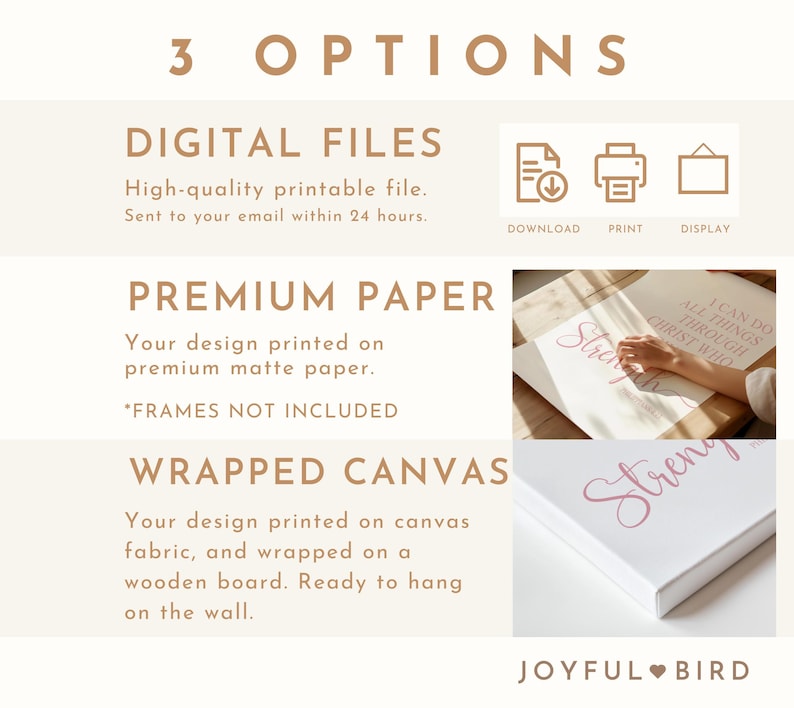May include: An image with text describing three options: digital files, premium paper, and wrapped canvas. The digital files are high-quality and printable, sent via email. Premium paper prints on matte paper. Wrapped canvas prints on fabric and is ready to hang.
