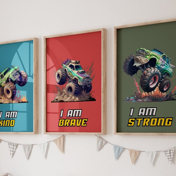 Monster Truck Poster Boy Room Decor Nursery Set of 3 Prints for Boys Monster Truck Poster Kids Wall Decor Canvas Boy Birthday Gift MT003