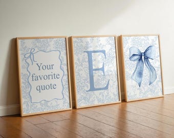 Girly Blue Prints, Dorm Wall Decor, Custom Quote Print, Girl Room Decor, Custom Initial, Set of 3 Wall Art Prints, College Room Decor 456A
