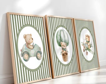 Vintage Bear Nursery Prints, Set of 3, Sage Green Teddy Bear Wall Art 440E