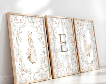 Floral Vintage Nursery Wall Art Set of 3, Custom Baby Name, Vintage Nursery Decor, Bunny, Goose, Cottagecore Art, Baby Shower Gift Girl 457C