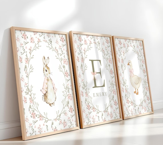 Floral Vintage Nursery Wall Art Set of 3, Custom Baby Name, Vintage Nursery Decor, Bunny, Goose, Cottagecore Art, Baby Shower Gift Girl 457C