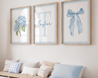 Light Blue Floral Bow Wall Art Set of 3, Custom Initial Name Art, Girl Room Prints, Nursery, Blue Girly Aesthetic, Hydrangea, Teen Dorm 450R
