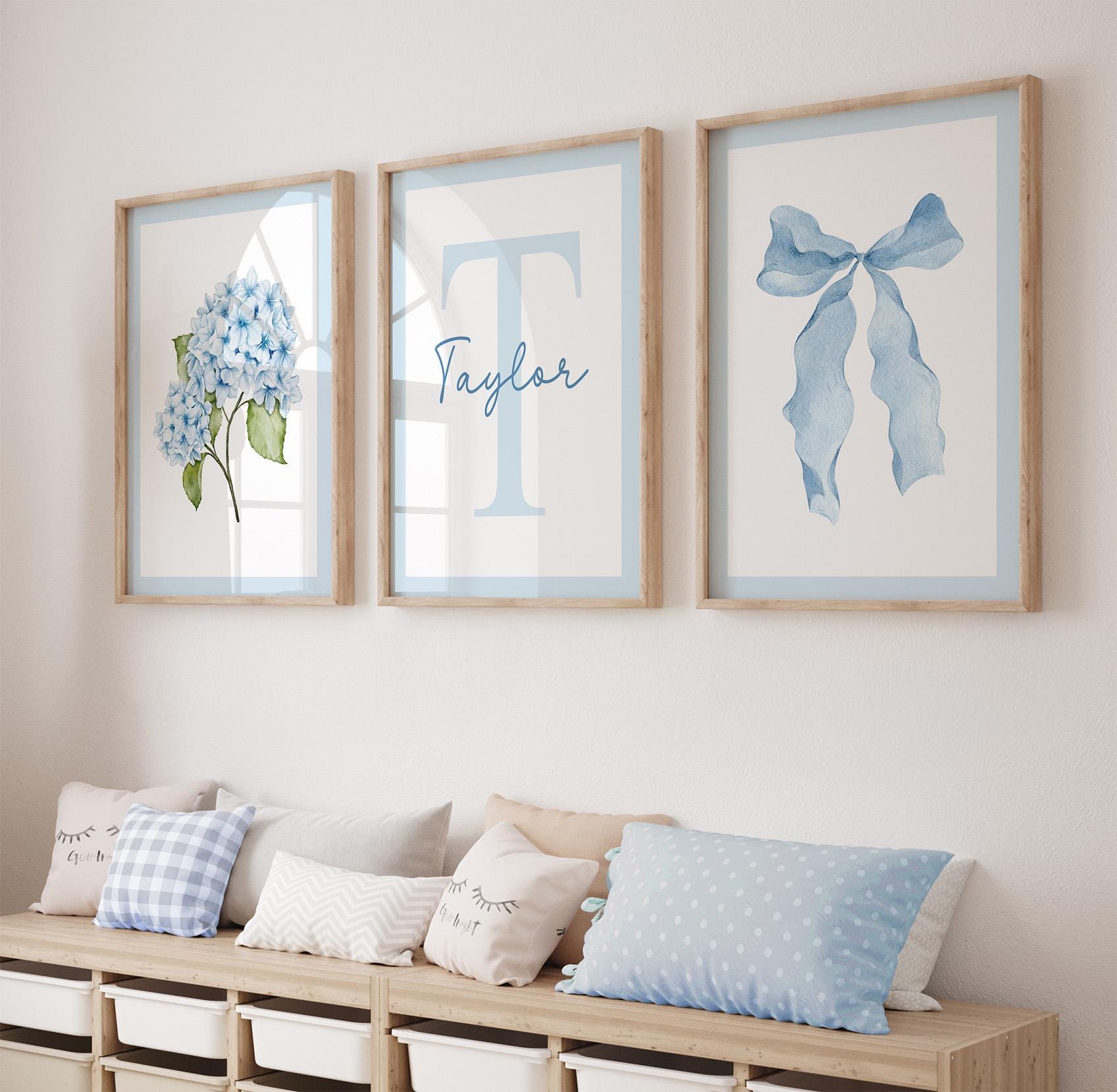 Light Blue Floral Bow Wall Art Set of 3, Custom Initial Name Art, Girl ...