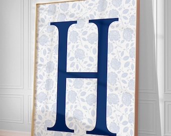 Custom Floral Initial Print: Personalized Nursery Decor, Monogram Wall Art, Blue, Pink, Sage 152B