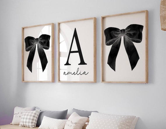 Black Bow Wall Art, Custom Initial Name Art, Black and White Bow Wall Art, Black Coquette Bow Art Print, Black Bow Decor 422R
