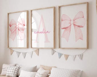 Light Pink Bow Wall Art, Custom Initial Art, Pink Girly Art, Pink Nursery Set of 3, Pink Bow Watercolor Print Teen Girl Room Decor 422B