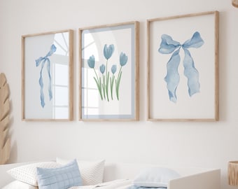 Light Blue Floral Bow Wall Art, Blue Girl Nursery Decor, Set of 3 Prints, Teen Bedroom Wall Art, Dorm, Blue Aesthetic, Coquette 450J