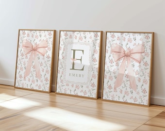 Art mural floral pour chambre d'enfant, nom personnalisé pour chambre d'enfant, décoration murale vintage pour chambre d'enfant, art cottagecore, rose et sauge, cadeau baby shower fille 457A