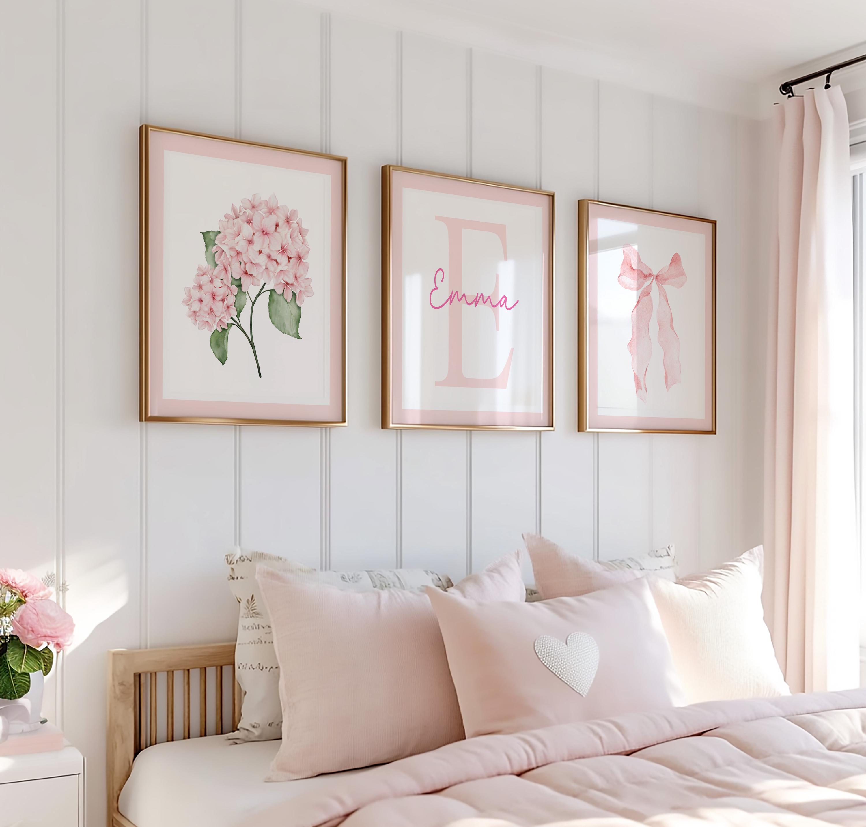Pink Floral Bow Wall Art With Custom Initial Name, Set of 3 Girl Room ...