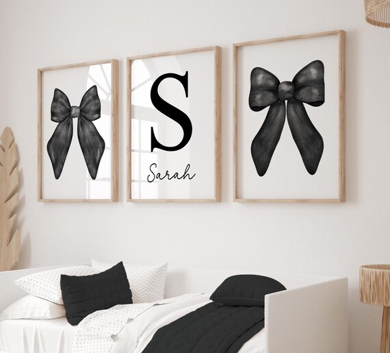 Black Coquette Bow Wall Art, Custom Initial Name, Aesthetic Black Wall Prints, Set of 3, Teen, Girls, Dorm, Room Decor 422V
