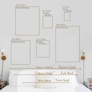 May include: A diagram showing the dimensions of different sized beds, including twin, full, and queen, along with the dimensions of various picture frames in inches and centimeters.