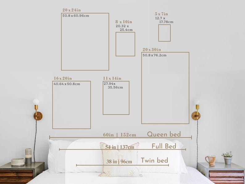 May include: A diagram showing the dimensions of different sized beds, including twin, full, and queen, along with the dimensions of various picture frames in inches and centimeters.
