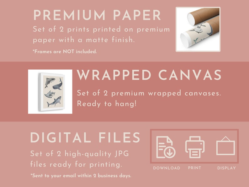 May include: The image showcases three product options: premium paper prints, wrapped canvas prints, and digital files. The premium paper prints feature a matte finish. The wrapped canvas prints are ready to hang. Digital files are high-quality JPGs ready for printing.