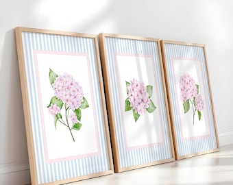 Ensemble de 3 imprimés hortensias, esthétique côtière de petite-fille, art mural campagnard français, floral vintage, antique, décoration grand millénaire 450 L