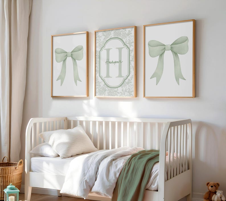 Arte de pared con lazo rosa, arte con inicial personalizada, arte rosa para niña, juego de 3 piezas para guardería, estampado de acuarela con lazo rosa, regalo para baby shower 451A imagen 7