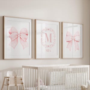 Vintage Pink Nursery Wall Art, Bow Nursery Decor, Custom Initial Name Art,  Set of 3 Prints,  Light Pink Nursery Decor, Bow Nursery Art 422G