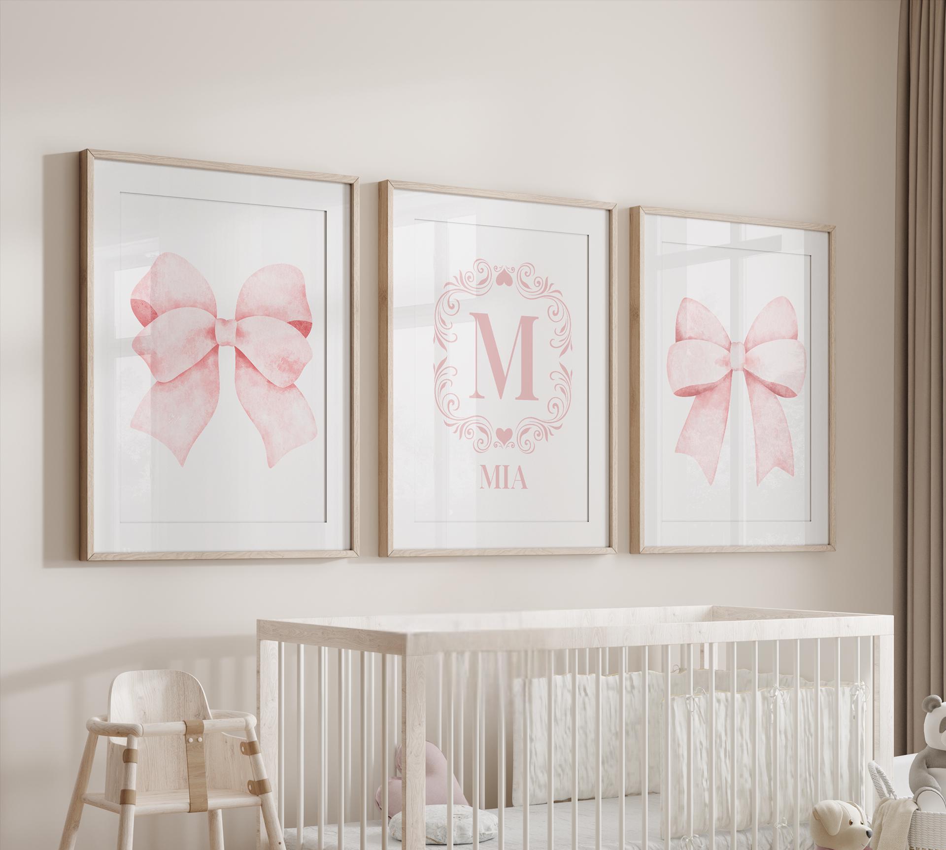 Vintage Pink Nursery Wall Art, Bow Nursery Decor, Custom Initial Name Art,  Set of 3 Prints,  Light Pink Nursery Decor, Bow Nursery Art 422G
