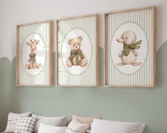 Sage Green Nursery Wall Art, Animal Nursery Decor, Set of 3, Sage Green Baby Shower Gifts, Neutral Nursery, Coquette Bow, Bear, Giraffe 436J