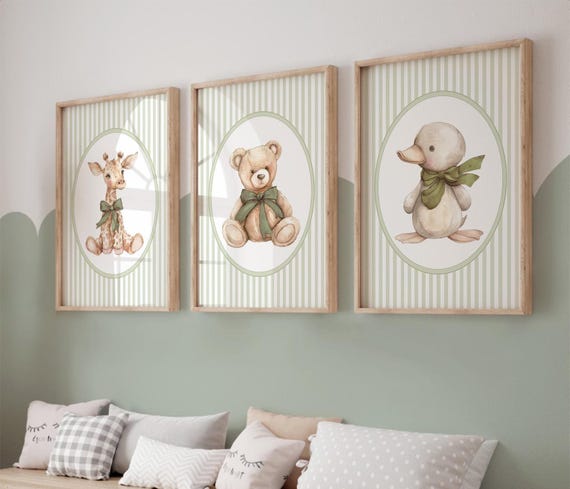 Sage Green Nursery Wall Art, Animal Nursery Decor, Set of 3, Sage Green Baby Shower Gifts, Neutral Nursery, Coquette Bow, Bear, Giraffe 436J