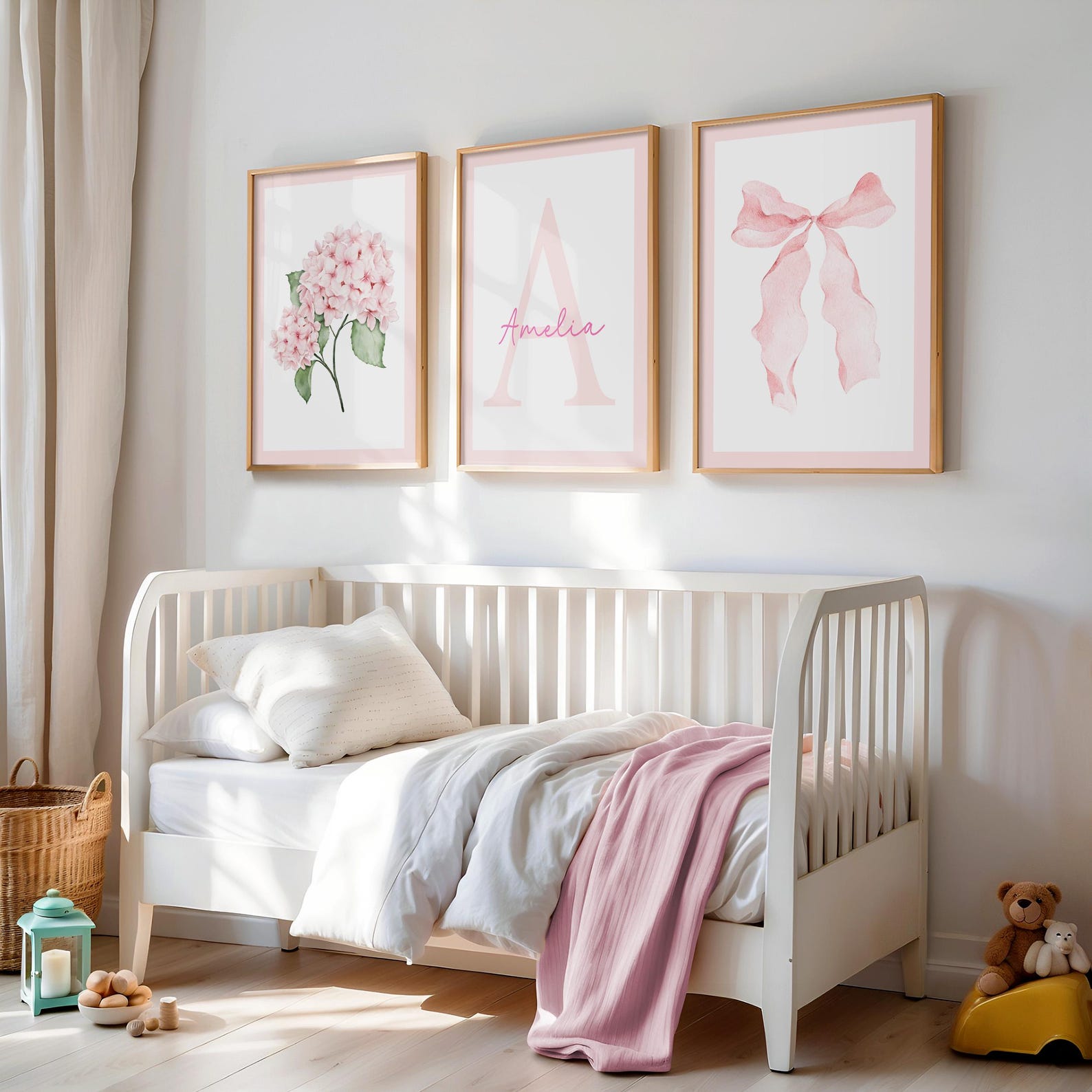 Pink Floral Bow Wall Art With Custom Initial Name, Set of 3 Girl Room ...