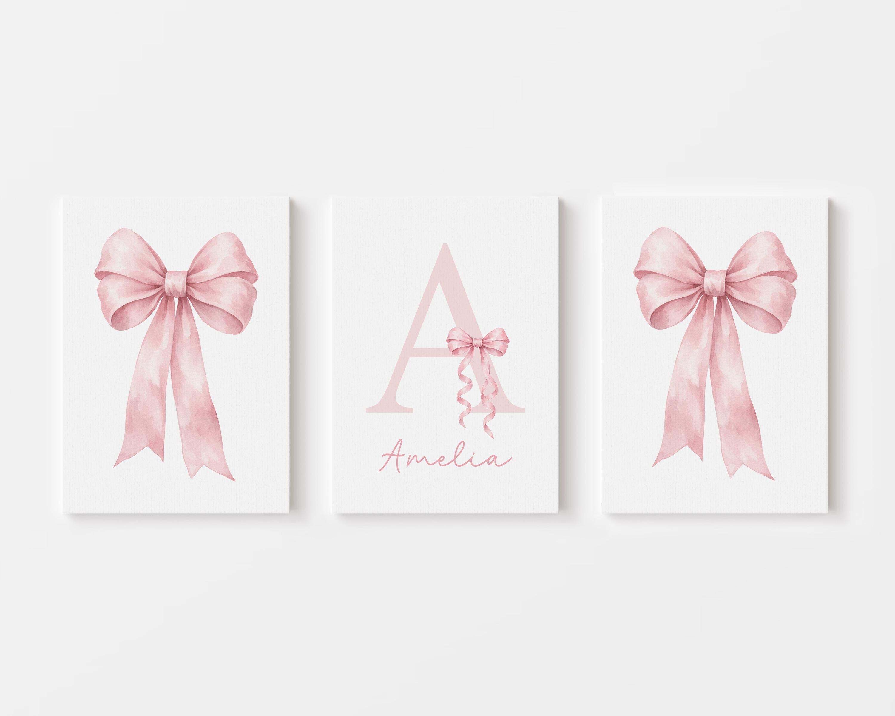 Pink Bow Wall Art for Girl Nursery Set of 3 Prints, Custom Initial Name ...