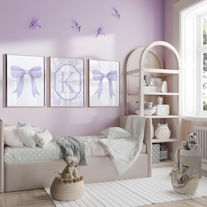 Arte de pared con lazo rosa, arte con inicial personalizada, arte rosa para niña, juego de 3 piezas para guardería, estampado de acuarela con lazo rosa, regalo para baby shower 451A imagen 5