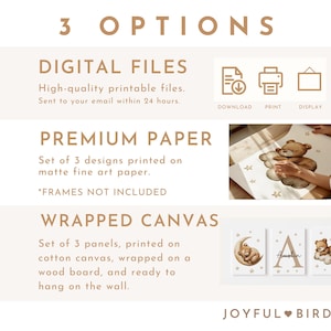 May include: Three options for purchasing a set of three bear-themed prints: digital files, premium paper prints, or wrapped canvas prints. The canvas prints are shown in the image, with one panel featuring a bear sleeping on a crescent moon, another with the name "Austin", and the third with a bear sleeping on a cloud.